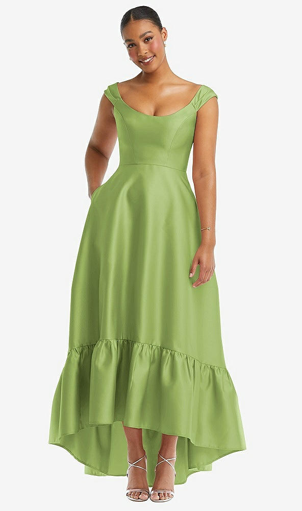 Front View - Mojito Cap Sleeve Deep Ruffle Hem Satin High Low Dress with Pockets