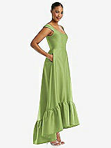 Side View Thumbnail - Mojito Cap Sleeve Deep Ruffle Hem Satin High Low Dress with Pockets