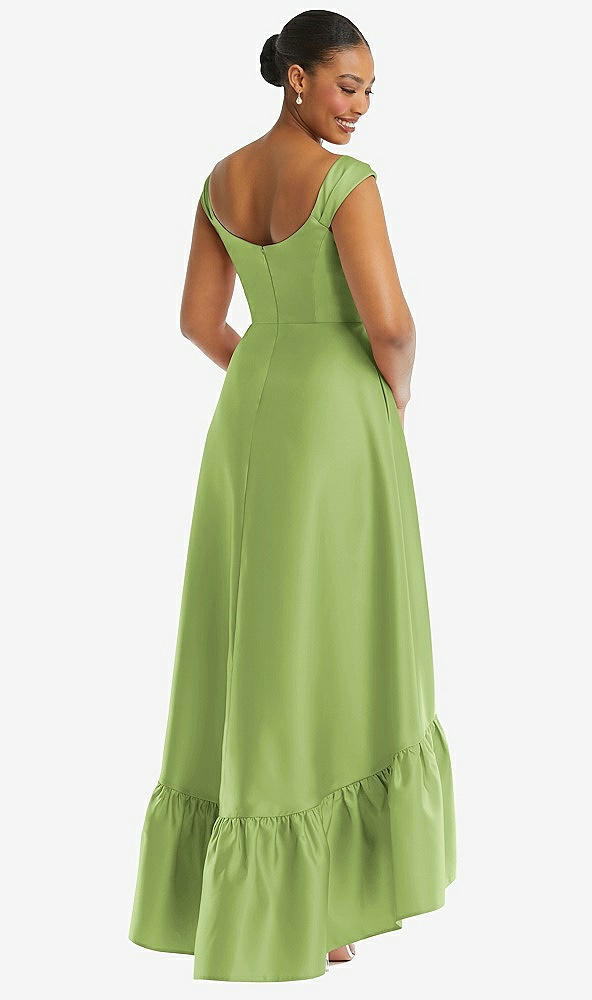 Back View - Mojito Cap Sleeve Deep Ruffle Hem Satin High Low Dress with Pockets