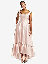 Front View Thumbnail - Blush Cap Sleeve Deep Ruffle Hem Satin High Low Dress with Pockets