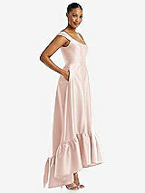 Side View Thumbnail - Blush Cap Sleeve Deep Ruffle Hem Satin High Low Dress with Pockets