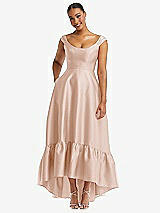 Front View Thumbnail - Cameo Cap Sleeve Deep Ruffle Hem Satin High Low Dress with Pockets