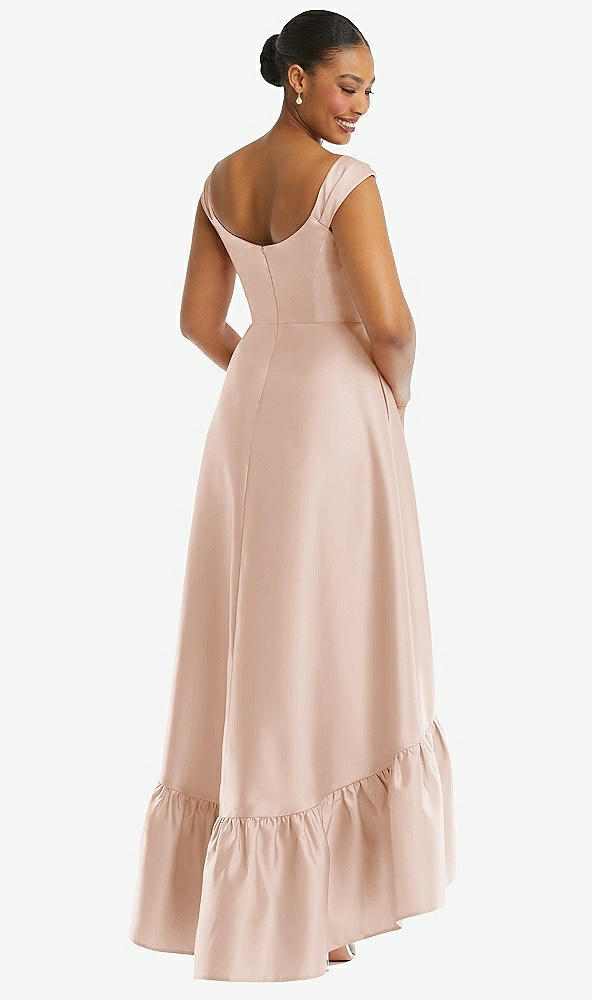 Back View - Cameo Cap Sleeve Deep Ruffle Hem Satin High Low Dress with Pockets