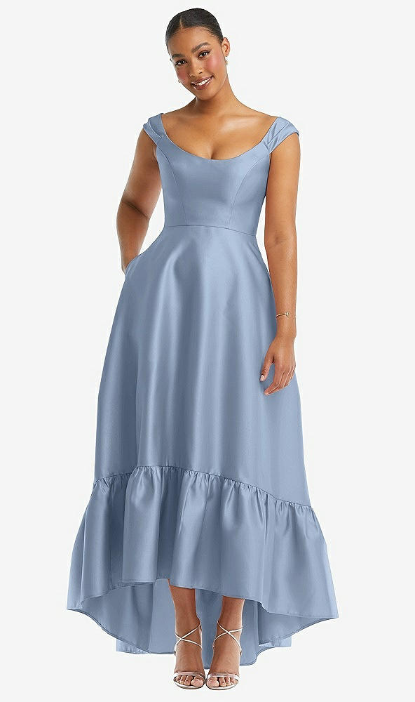 Front View - Cloudy Cap Sleeve Deep Ruffle Hem Satin High Low Dress with Pockets