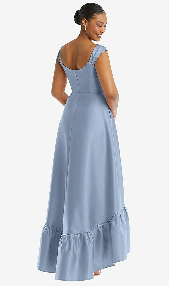 Back View - Cloudy Cap Sleeve Deep Ruffle Hem Satin High Low Dress with Pockets