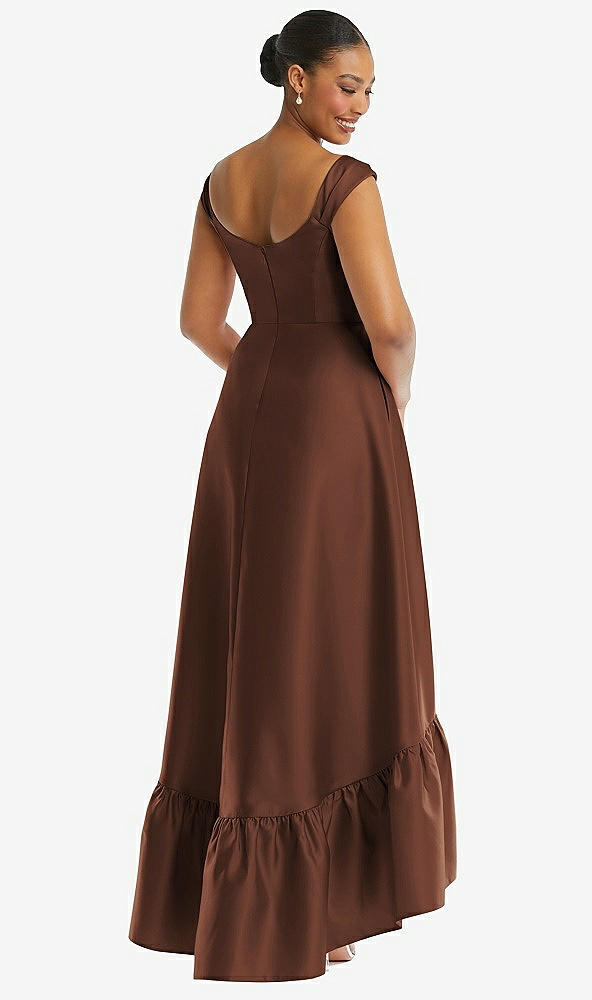 Back View - Cognac Cap Sleeve Deep Ruffle Hem Satin High Low Dress with Pockets