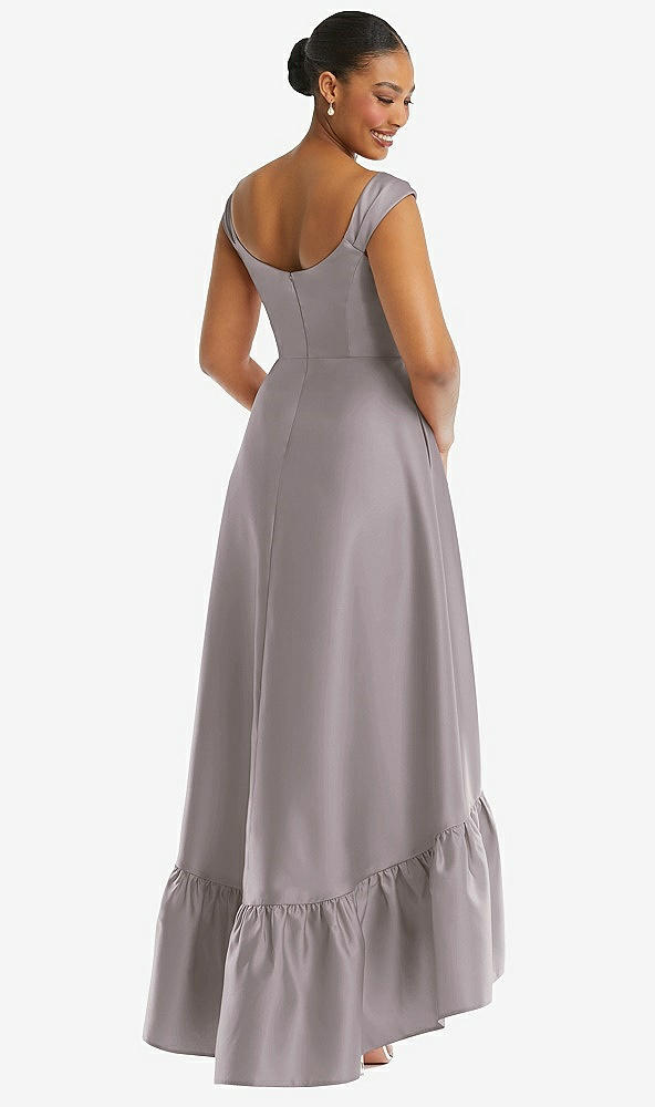 Back View - Cashmere Gray Cap Sleeve Deep Ruffle Hem Satin High Low Dress with Pockets