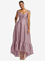 Front View Thumbnail - Dusty Rose Cap Sleeve Deep Ruffle Hem Satin High Low Dress with Pockets