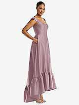 Side View Thumbnail - Dusty Rose Cap Sleeve Deep Ruffle Hem Satin High Low Dress with Pockets