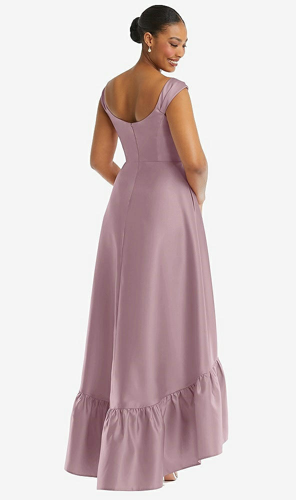 Back View - Dusty Rose Cap Sleeve Deep Ruffle Hem Satin High Low Dress with Pockets