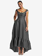 Front View Thumbnail - Gunmetal Cap Sleeve Deep Ruffle Hem Satin High Low Dress with Pockets