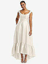 Front View Thumbnail - Ivory Cap Sleeve Deep Ruffle Hem Satin High Low Dress with Pockets