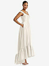 Side View Thumbnail - Ivory Cap Sleeve Deep Ruffle Hem Satin High Low Dress with Pockets