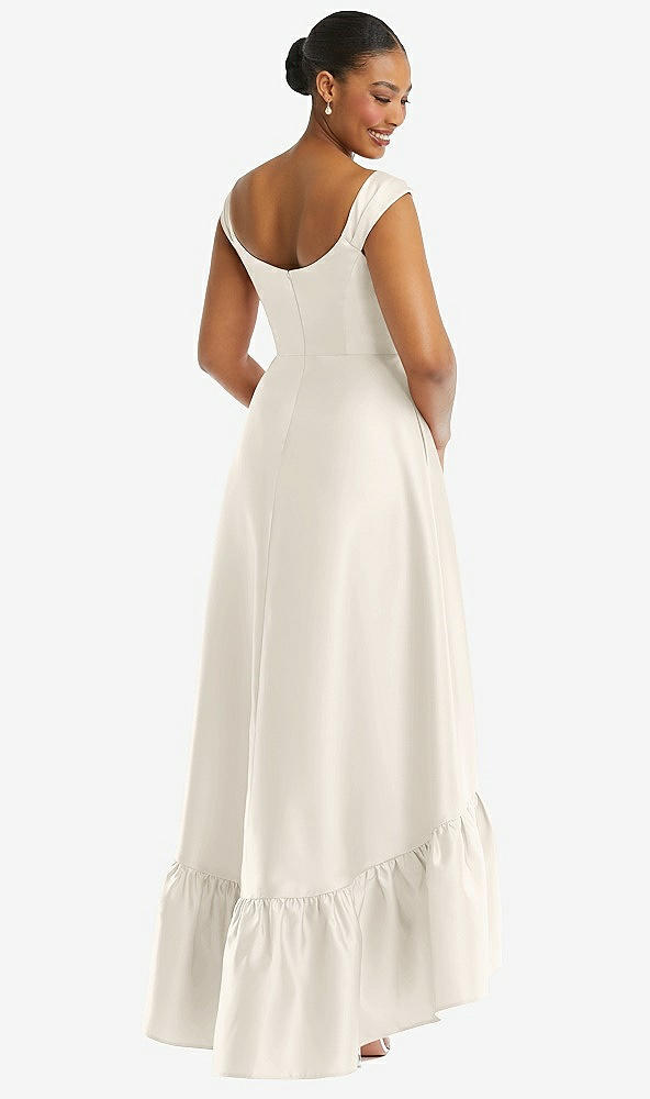 Back View - Ivory Cap Sleeve Deep Ruffle Hem Satin High Low Dress with Pockets