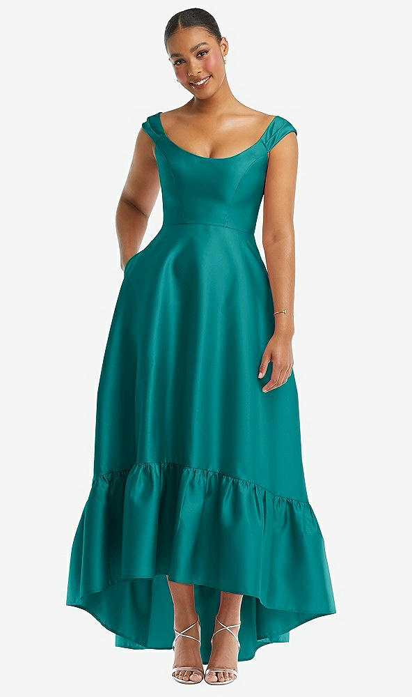 Front View - Jade Cap Sleeve Deep Ruffle Hem Satin High Low Dress with Pockets