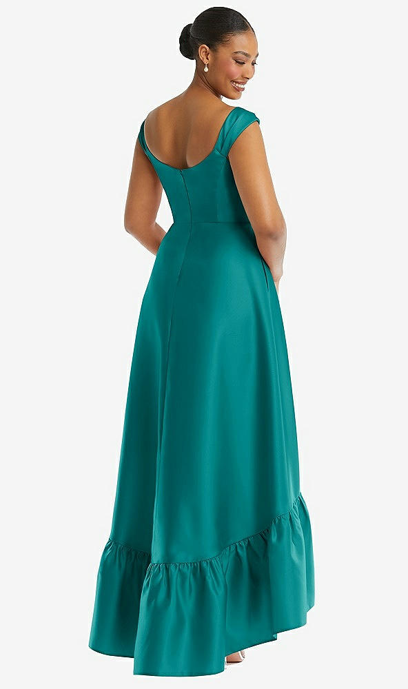 Back View - Jade Cap Sleeve Deep Ruffle Hem Satin High Low Dress with Pockets