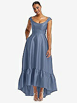 Front View Thumbnail - Larkspur Blue Cap Sleeve Deep Ruffle Hem Satin High Low Dress with Pockets