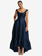 Front View Thumbnail - Midnight Navy Cap Sleeve Deep Ruffle Hem Satin High Low Dress with Pockets