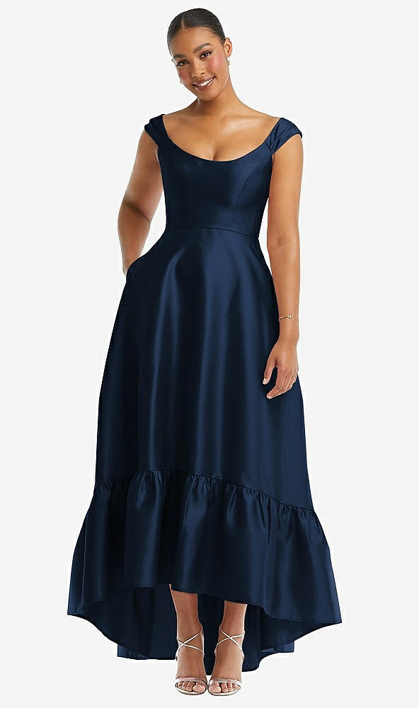 Front View - Midnight Navy Cap Sleeve Deep Ruffle Hem Satin High Low Dress with Pockets