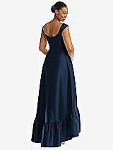 Rear View Thumbnail - Midnight Navy Cap Sleeve Deep Ruffle Hem Satin High Low Dress with Pockets