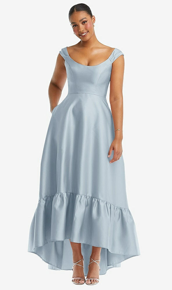 Front View - Mist Cap Sleeve Deep Ruffle Hem Satin High Low Dress with Pockets