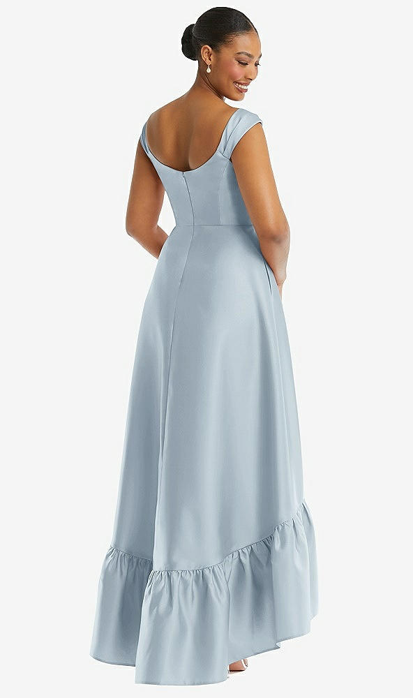 Back View - Mist Cap Sleeve Deep Ruffle Hem Satin High Low Dress with Pockets