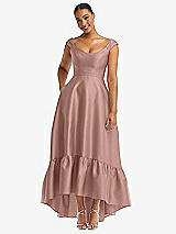 Front View Thumbnail - Neu Nude Cap Sleeve Deep Ruffle Hem Satin High Low Dress with Pockets