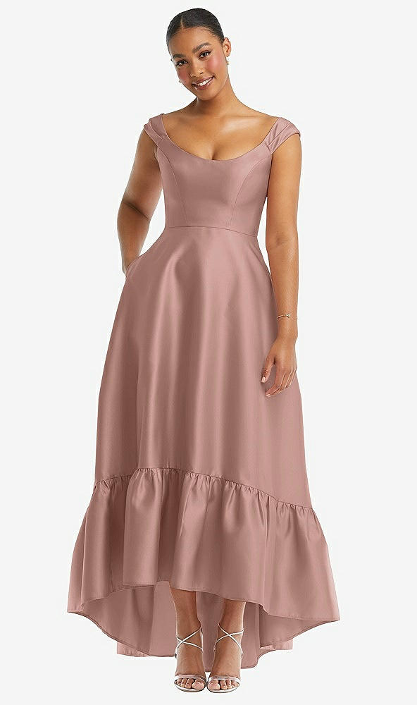 Front View - Neu Nude Cap Sleeve Deep Ruffle Hem Satin High Low Dress with Pockets