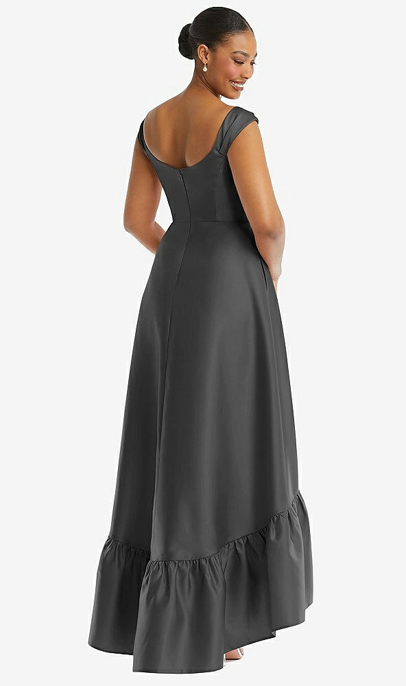 Back View - Pewter Cap Sleeve Deep Ruffle Hem Satin High Low Dress with Pockets