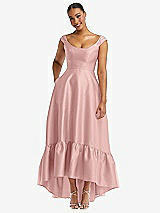 Front View Thumbnail - Rose - PANTONE Rose Quartz Cap Sleeve Deep Ruffle Hem Satin High Low Dress with Pockets