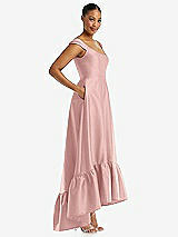 Side View Thumbnail - Rose - PANTONE Rose Quartz Cap Sleeve Deep Ruffle Hem Satin High Low Dress with Pockets