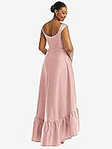 Rear View Thumbnail - Rose - PANTONE Rose Quartz Cap Sleeve Deep Ruffle Hem Satin High Low Dress with Pockets