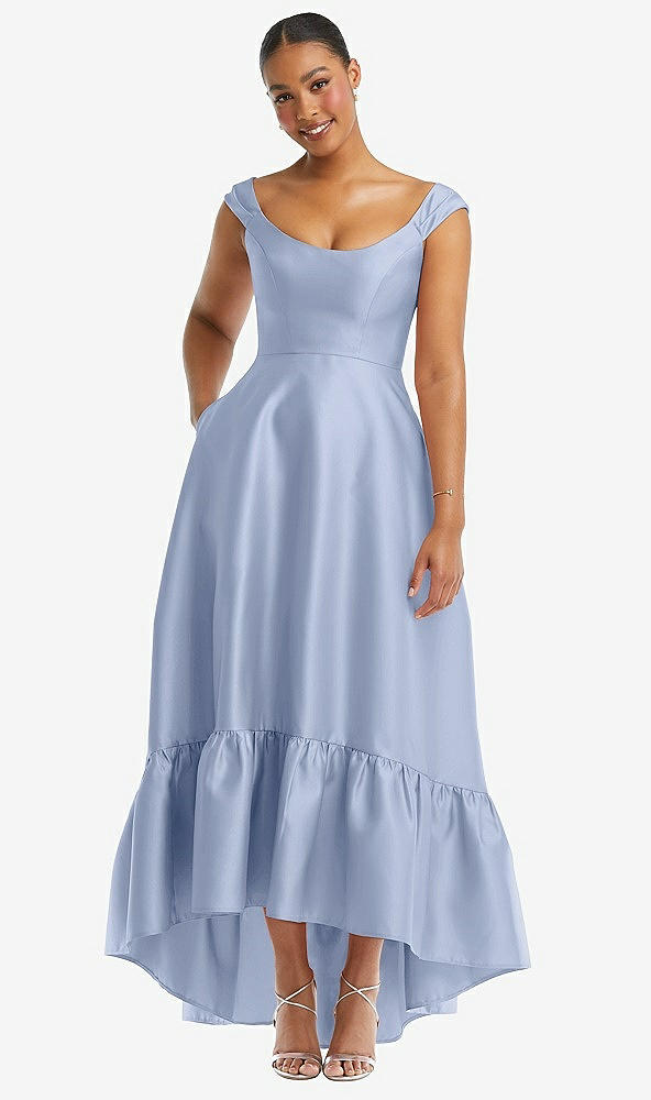 Front View - Sky Blue Cap Sleeve Deep Ruffle Hem Satin High Low Dress with Pockets