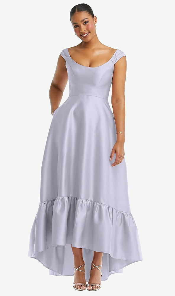 Front View - Silver Dove Cap Sleeve Deep Ruffle Hem Satin High Low Dress with Pockets