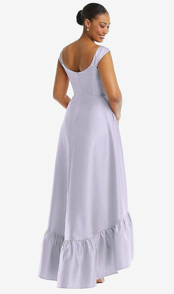 Back View - Silver Dove Cap Sleeve Deep Ruffle Hem Satin High Low Dress with Pockets