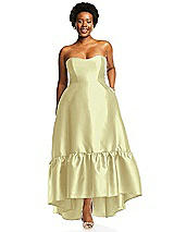 Alt View 1 Thumbnail - Butter Yellow Strapless Deep Ruffle Hem Satin High Low Dress with Pockets