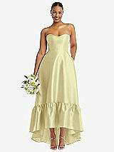 Front View Thumbnail - Butter Yellow Strapless Deep Ruffle Hem Satin High Low Dress with Pockets