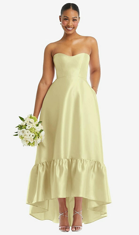 Front View - Butter Yellow Strapless Deep Ruffle Hem Satin High Low Dress with Pockets