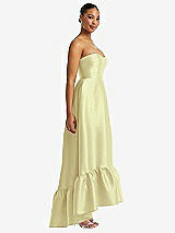 Side View Thumbnail - Butter Yellow Strapless Deep Ruffle Hem Satin High Low Dress with Pockets