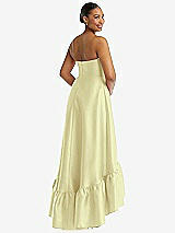 Rear View Thumbnail - Butter Yellow Strapless Deep Ruffle Hem Satin High Low Dress with Pockets