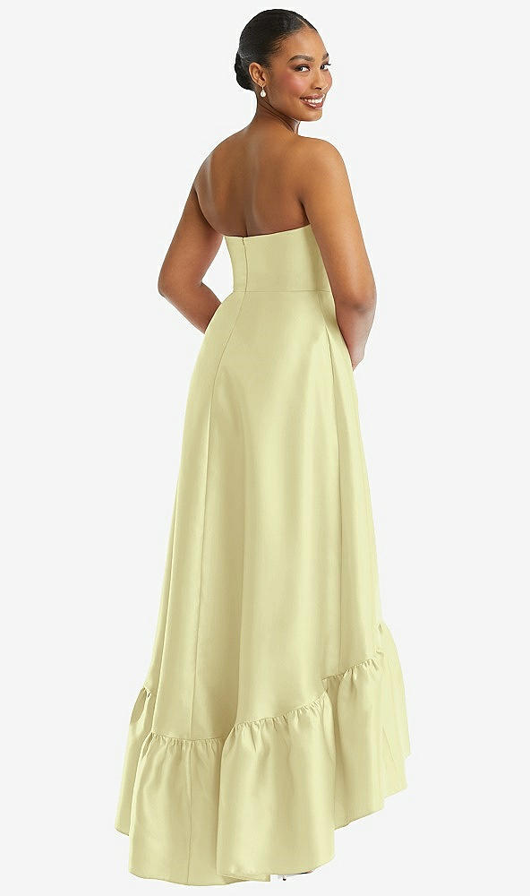 Back View - Butter Yellow Strapless Deep Ruffle Hem Satin High Low Dress with Pockets