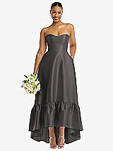 Front View Thumbnail - Caviar Gray Strapless Deep Ruffle Hem Satin High Low Dress with Pockets