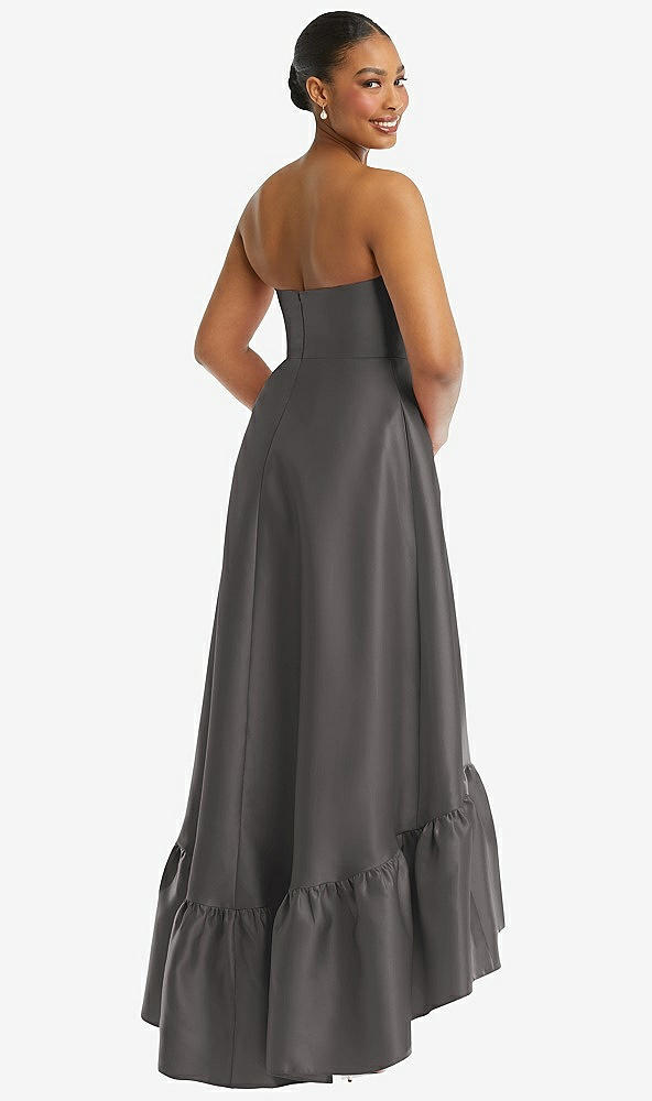 Back View - Caviar Gray Strapless Deep Ruffle Hem Satin High Low Dress with Pockets