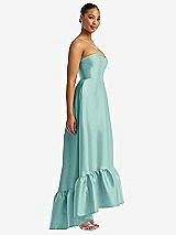 Side View Thumbnail - Coastal Strapless Deep Ruffle Hem Satin High Low Dress with Pockets