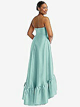 Rear View Thumbnail - Coastal Strapless Deep Ruffle Hem Satin High Low Dress with Pockets