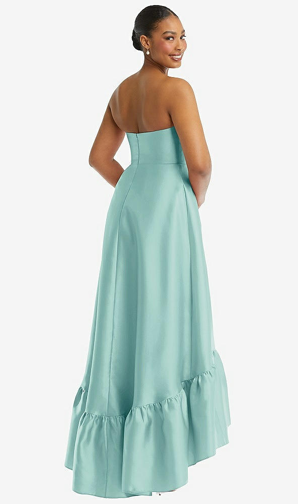 Back View - Coastal Strapless Deep Ruffle Hem Satin High Low Dress with Pockets