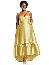 Alt View 1 Thumbnail - Maize Strapless Deep Ruffle Hem Satin High Low Dress with Pockets