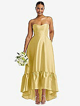 Front View Thumbnail - Maize Strapless Deep Ruffle Hem Satin High Low Dress with Pockets