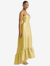 Side View Thumbnail - Maize Strapless Deep Ruffle Hem Satin High Low Dress with Pockets