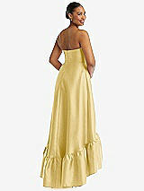 Rear View Thumbnail - Maize Strapless Deep Ruffle Hem Satin High Low Dress with Pockets